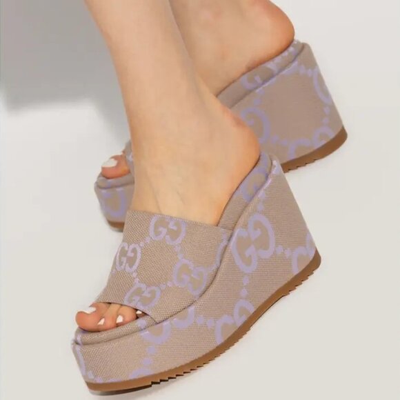 NEW GUCCI Macro GG Beige Monogram Canvas Platform Wedges Size EU 39.5 US 9.5 - Picture 4 of 13